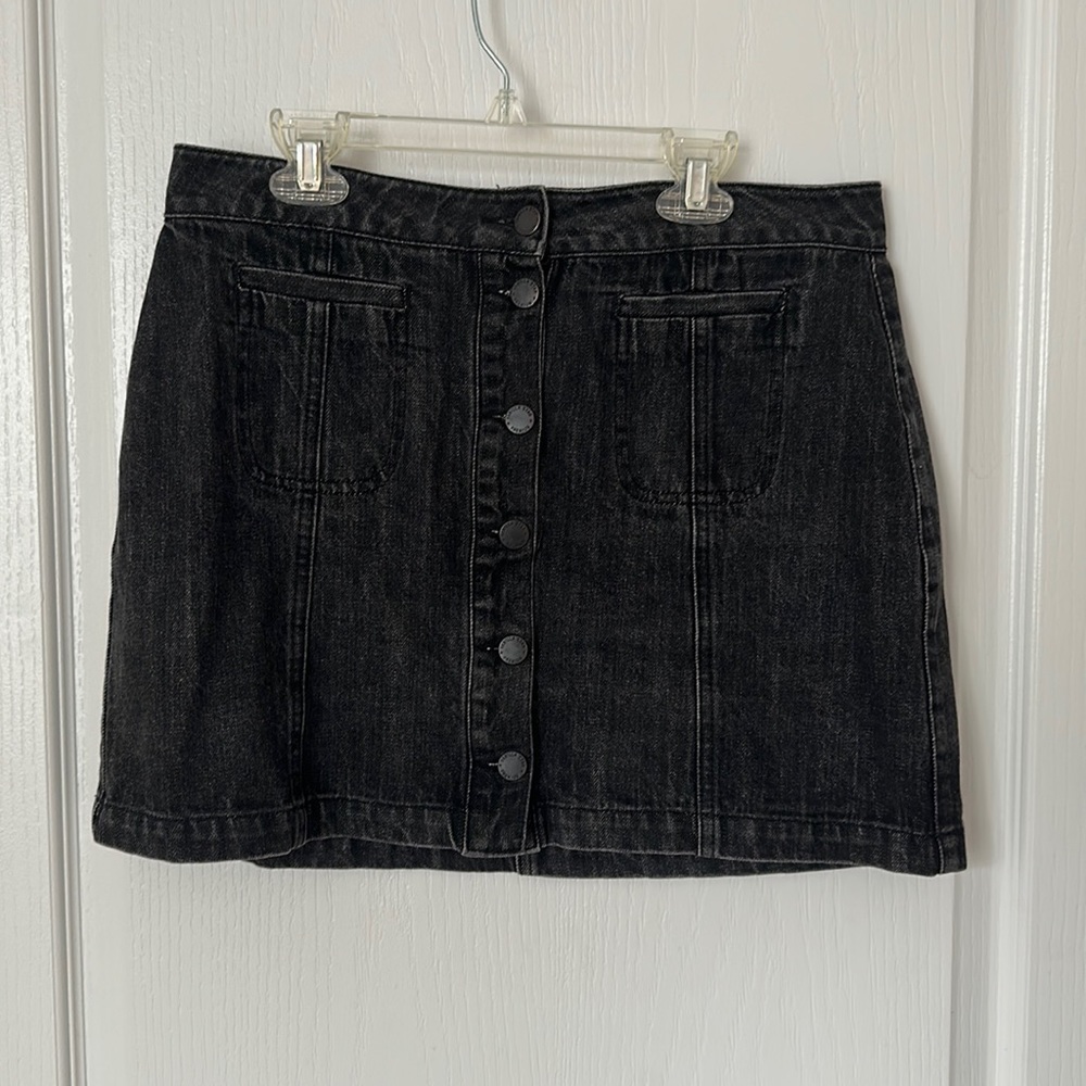 Vanilla Star Premium denim mini skirt, button up front, faded black, size 9